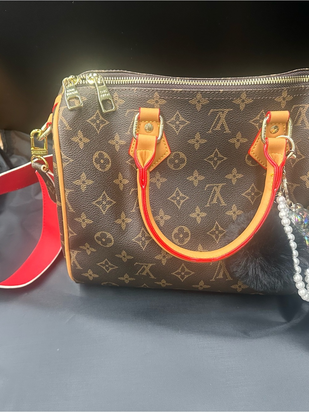 Fashion Bag- Brown Monogram Satchel with Black Pom Pom Charm - Picture 3 of 7